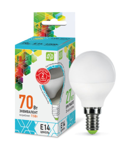 Лампа светодиодная LED-шар 7,5Вт 220В Е14 4000K 675Лм ASD