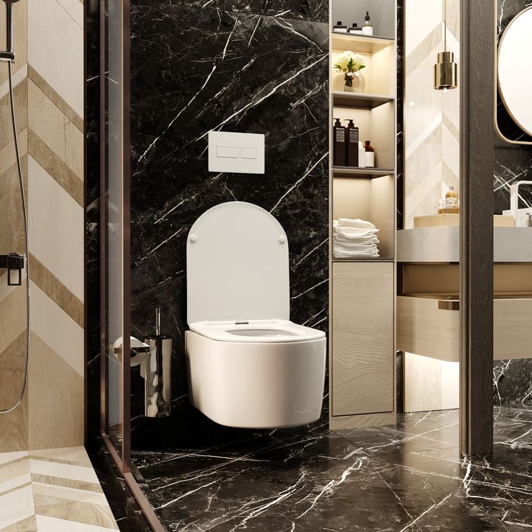 Унитаз подвесной WAVE "Solo" безободковый, сиденье дюропласт, м/л белый глянец