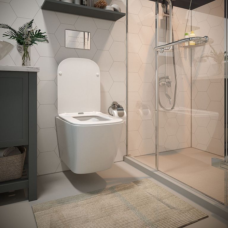 Унитаз подвесной WAVE "Quadro" безободковый, сиденье дюропласт, м/л белый глянец