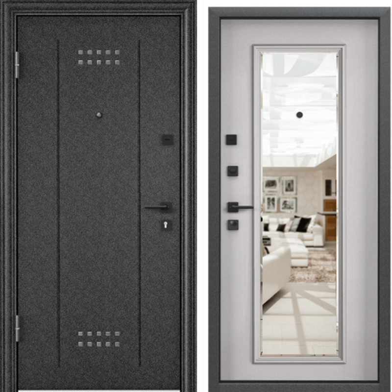 Дверь металл DELTA PRO 950*2050*74 Черный шелк DL2/Бьянко DM зеркало,  мин.плита, левая