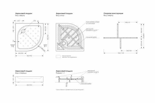 Душевой поддон акриловый полукруг 80*80*6 "Classic N" (каркас+экран) высота 16 см