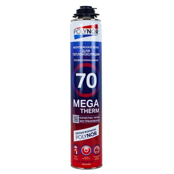 Пена монтажная POLYNOR MEGA THERM 70 проф. 1000мл.  Зимняя -20°С +20°С 
