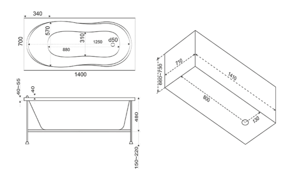 Ванна акрил 1,4x0,7 "Тесса" на каркасе с панелью BAS