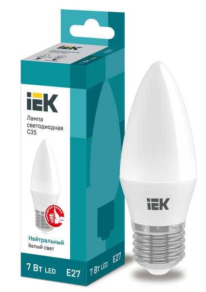 Лампа светодиодная LED-свеча  7Вт 220В Е27 4000K 630Лм IEK