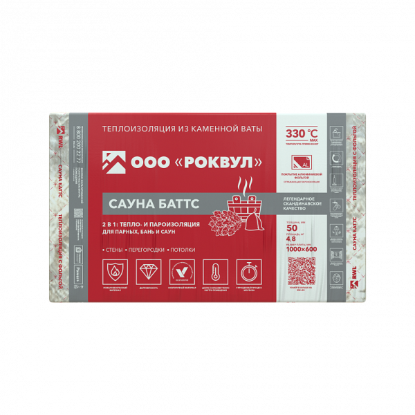 Минплита РОКВУЛ Сауна Баттс 1,0*0,6*0,05м(0,24м3, 4,8м2)
